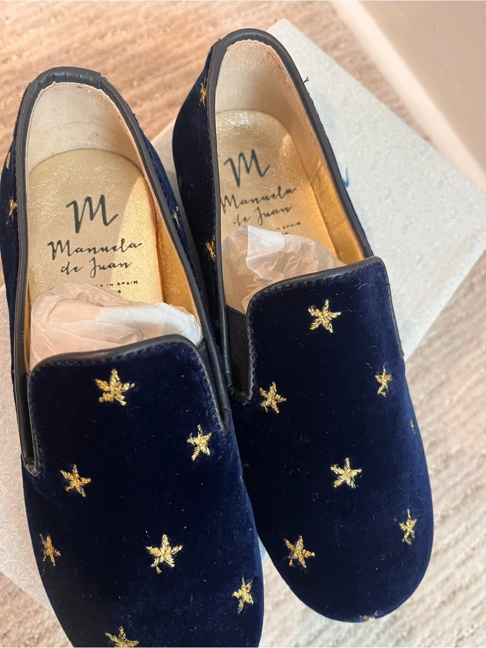 Girls Navy Velvet Slip-On Loafers with Gold Star Embroidery